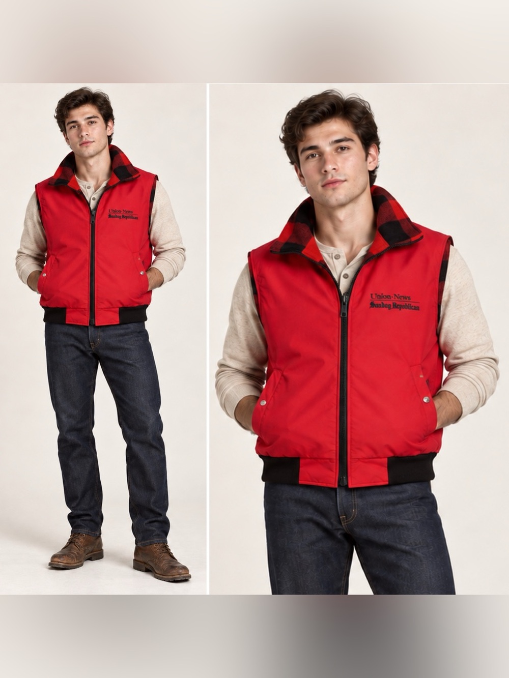 Vintage 90s Mens Reversible Fleece Vest L Red Buffalo Plaid Full Zip Workwear
